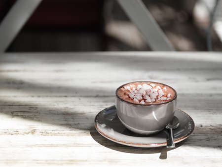 Tasty cappuccino on a gray wooden table background. A close-up picture of a gray porcelain mug full of sweet cacao drink with white marshmallows. A cup with a metal spoon. Copy space.の写真素材