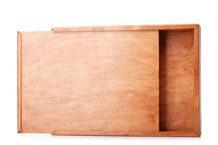 Close-up of a dark brown wooden box container isolated on a white background. An opened empty...