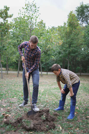 Two brothers a dig earth in a park for planting young tree. Family work, autumn day.の写真素材