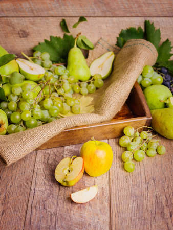 Colorful composition of autumn fruits in a box: green and purple grapes, fresh pears, cut apples on a rustic wooden background.の写真素材