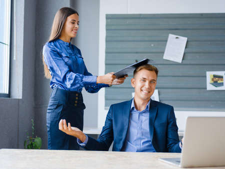 Successful business partners working with laptop in the office. Business concept.の写真素材