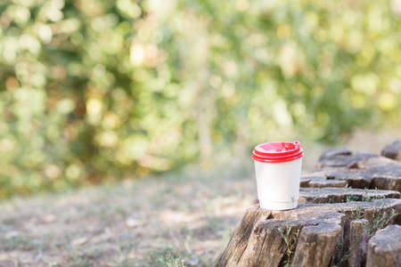 White cup of coffee on a stump in a park on a nature background.