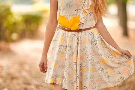 Close-up of a white dress with a brown belt and autumn leaves.の写真素材