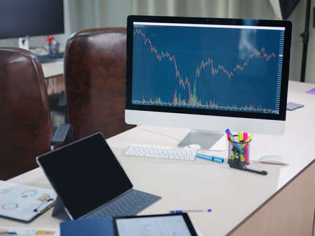 Close-up background of a workspace in an empty office. Business and finance concept. Business and finance concept.の写真素材