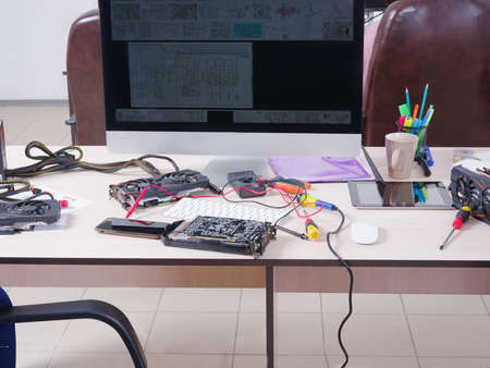 Close-up background of a workspace in an empty office. Business and finance concept. Business and finance concept.の写真素材