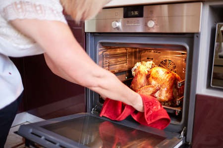 Woman taking turkey out of oven on a kitchen background. Roasted, traditional turkey cooking. Christmas turkey.の写真素材
