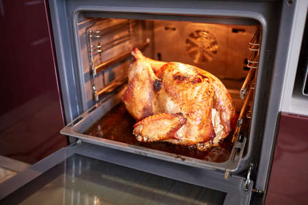 Roast Christmas duck on the oven background. Thanksgiving turkey fresh out of the oven. Homemade...