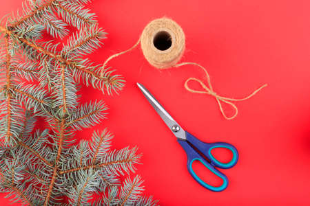 Beautiful gift boxes with a red and white bow on a red background.の写真素材