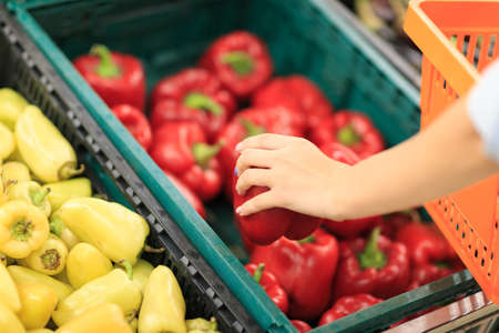 Fruit market with various colorful fresh fruits and vegetables. Food concept.の写真素材