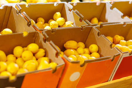 Fruit market with various colorful fresh fruits and vegetables. Food concept.の写真素材