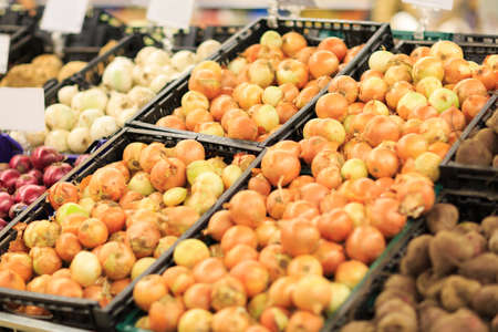 Fruit market with various colorful fresh fruits and vegetables. Food concept.の写真素材