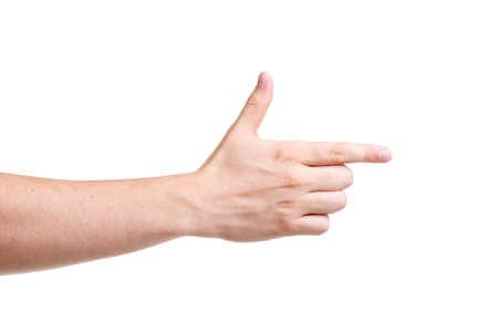 Male hand makes a shot gesture, isolated on white. Close-up.の写真素材