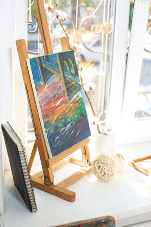 A top view of the objects for drawing. Bright picture on canvas isolated on a white background. Art...