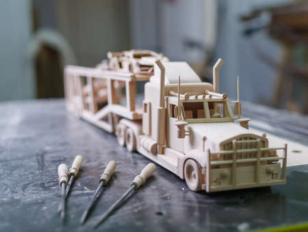 Wooden truck made on a special car for cutting out of woodの写真素材