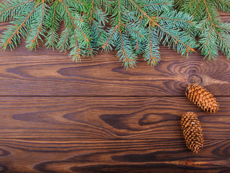 Winter concept of fir-tree on a brown wooden backgroundの写真素材