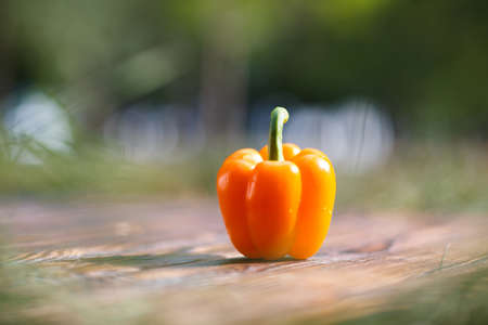 Homemade orange bell pepper on a brown wooden background with a blurred background