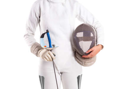 Girl fencer stands on white isolated background with sword