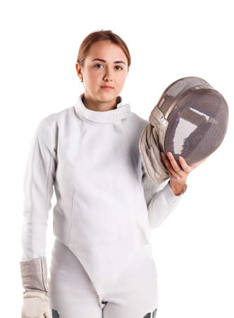 Girl fencer stands on white isolated background with sword