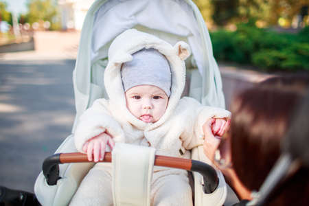 Mom looks at the baby in the stroller. Outside.の写真素材