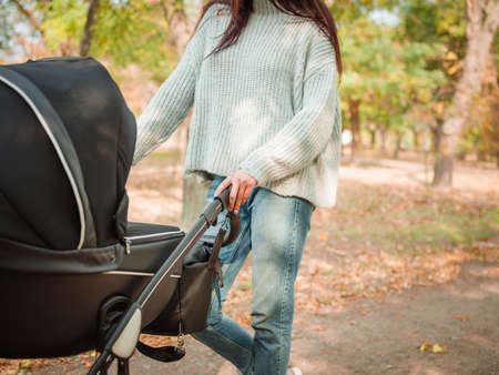 A girl is walking with a stroller in the parkの写真素材