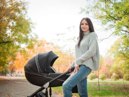 A girl is walking with a stroller in the parkの写真素材