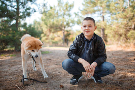 Happy little boy walking with dog in the park. Animal concept.の写真素材