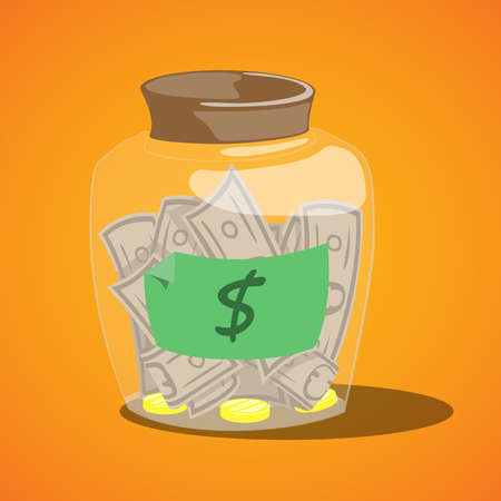 Glass storage bank with dollar bills on orange background.のイラスト素材