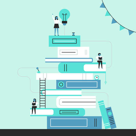 Business concept team, education and search. Business people standing on a stacks of books looking...