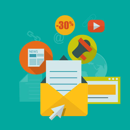 Concept of Internet network design with different icons in colorful cartoon illustration.のイラスト素材