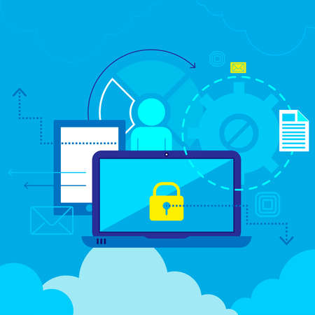 Computer communications safety and private data protection. Flat composition , poster with antivirus...