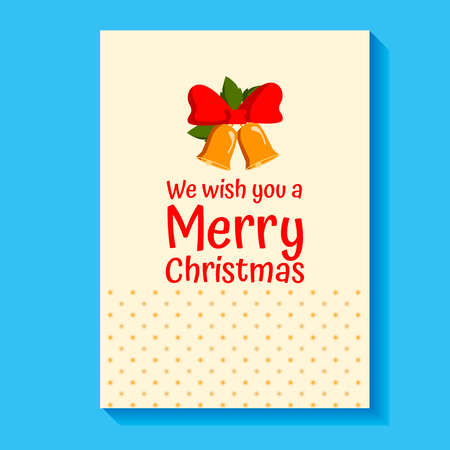 A Christmas card with wishes and golden bells, a spruce branch and a red ribbon bow.のイラスト素材