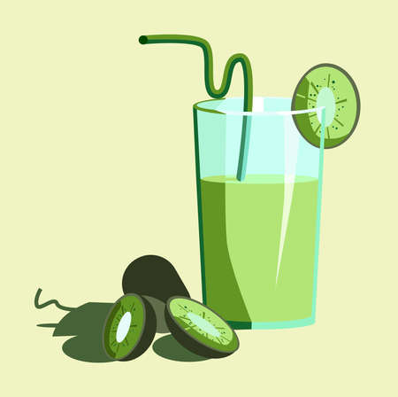 Juice from kiwi with a glass with a straw and a few slices of kiwi. Vector picture. Banner.のイラスト素材