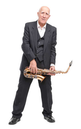 Grandfather with sax on white isolated backgroundの写真素材