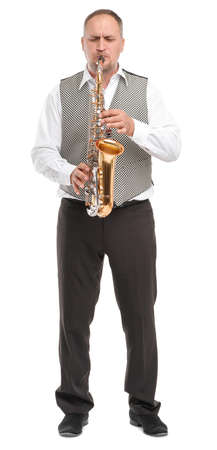 Man playing saxophone on white isolated background in full lengthの写真素材