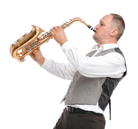 Man playing saxophone on white isolated backgroundの写真素材