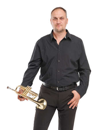 A man stands with a chimney in his hand on a white isolated backgroundの写真素材