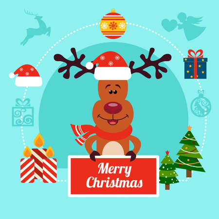 Christmas illustration of a deer in a New Year's cap and scarf with holiday elements on a blue backgroundのイラスト素材