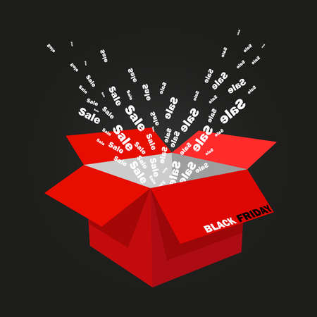 Box red and open black Friday whence fly out the words sale on a black backgroundのイラスト素材