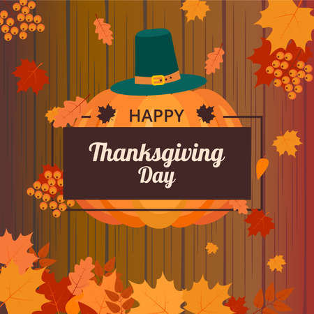 Illustration of Thanksgiving day with a pumpkin in the hat on which the sign with the inscription on the background of the fallen leavesのイラスト素材