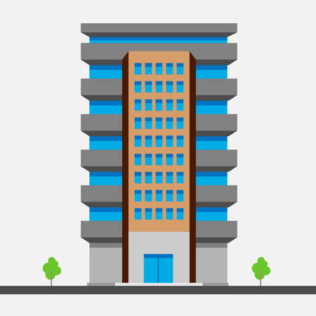 Illustration of a house with balconies and windows on a beige wall and trees underneath vector illustration on white backgroundのイラスト素材