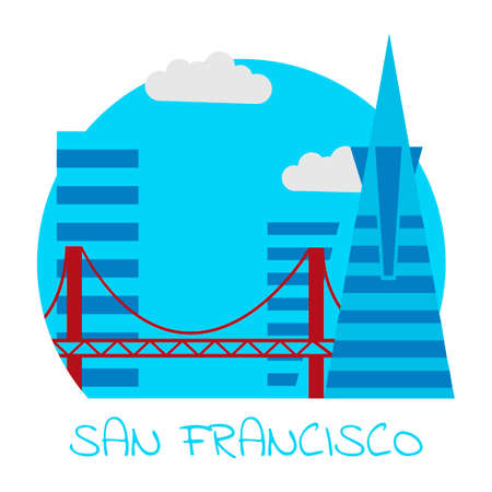 Icon of the city of San Francisco with skyscrapers and a golden gate bridge on a white backgroundのイラスト素材