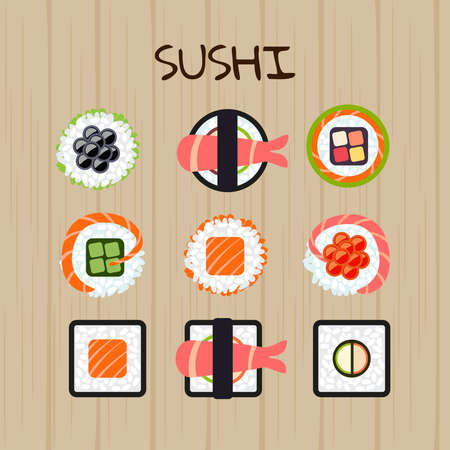 Set of different types of sushi on a brown wooden illustration.のイラスト素材
