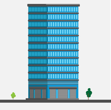 Skyscraper with show-window stands with rib and trees at the bottom vector illustration on white backgroundのイラスト素材