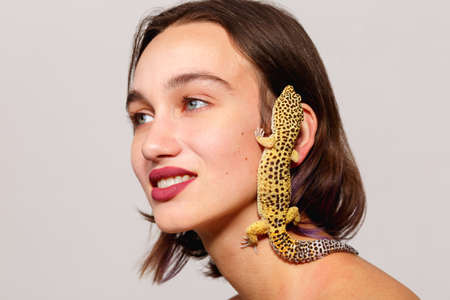 A hand-held iguana gecko crawls over the face y of a young girl. On a gray background. Inside.の写真素材
