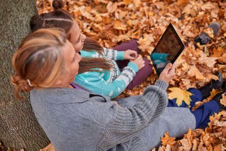 View from above. Grandmother and granddaughter are sitting in the leaves in the park. Grandmother shows a tablet.の写真素材