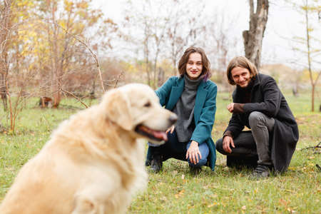 Young couple sitting next to a labrador in an autumn park. Outside.
