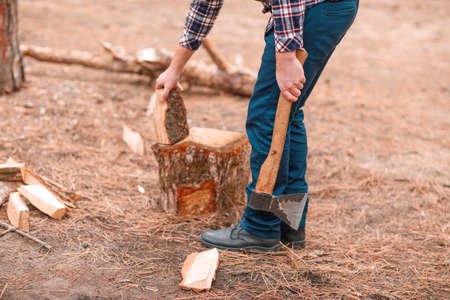 A man in blue trousers with an ax in his hand puts firewood on a stump for cutting in the autumn forestの写真素材