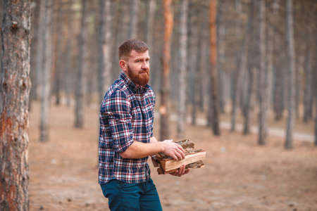 Man with firewood in his hands in the autumn forestの写真素材