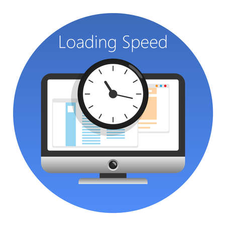 Website loading speed or worked time icon. In a blue circle on a white background. Vector...