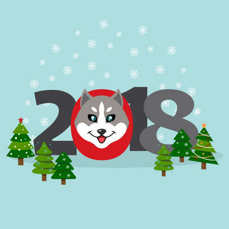 New Year banner with an inscription 2018, a muzzle of a dog, decorated with Christmas trees and snowflakes. On a blue background. Vector illustration.のイラスト素材